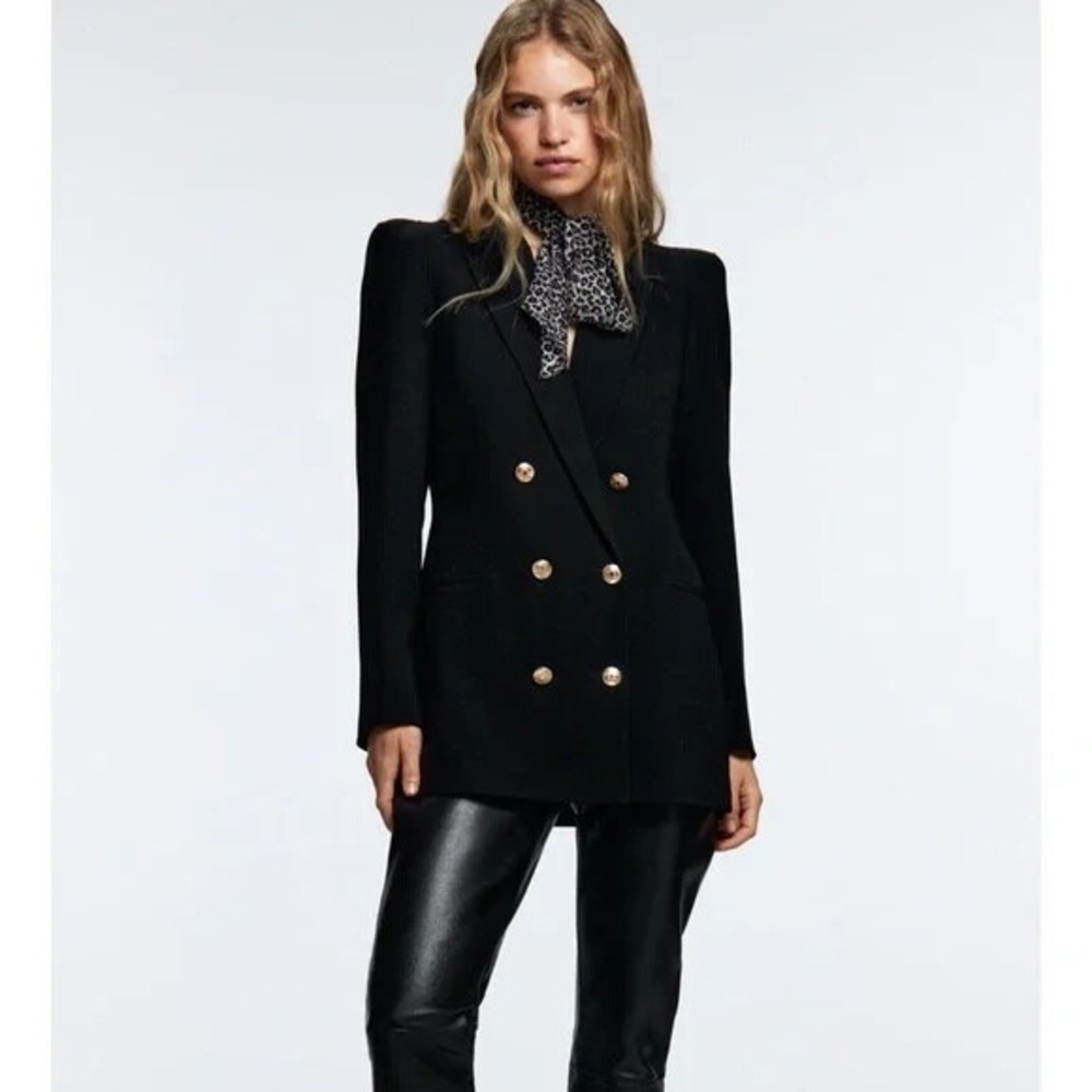 Zara Blazer Women Small Black Double Breasted Gold Button Career Minimalist